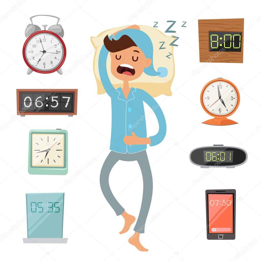 Alarm clock and sleeping man vector illustration