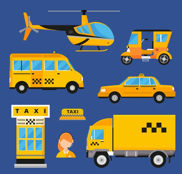 Different types of taxi transport. Cars, helicopter, van truck, bike and motorcycle — Stock Vector