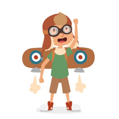 Small cartoon vector kids playing pilot aviation, dreams