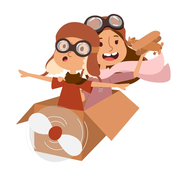 Small cartoon vector kids playing pilot aviation, dreams — 图库矢量图片