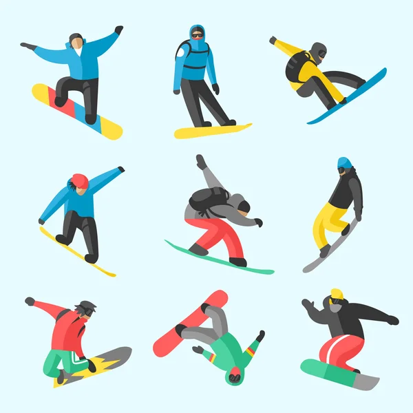 Snowboarder salto en diferente pose sobre fondo blanco — Vector de stock