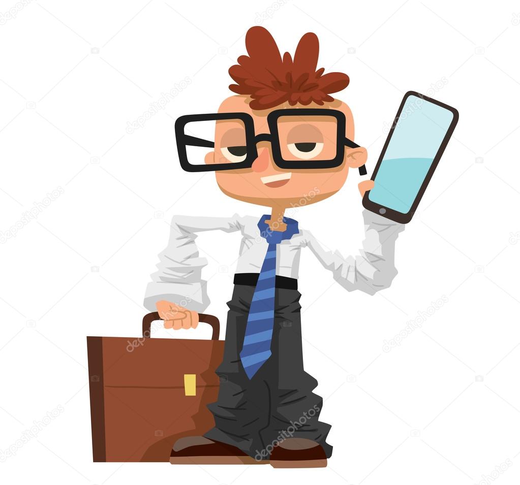 Little schoolboy like businessman with business case, phone, glasses