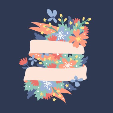 Doğa çiçek çelenk çiçekler, yapraklar şeritler ile