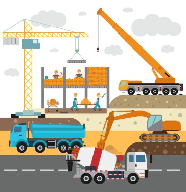 Building under construction, workers and construction technics vector illustration