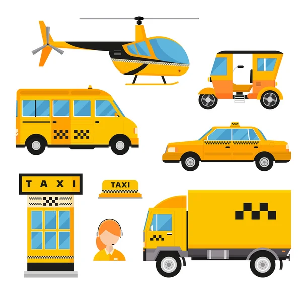 Diferentes tipos de transporte en taxi. Coches, helicóptero, camioneta, bicicleta y motocicleta — Vector de stock