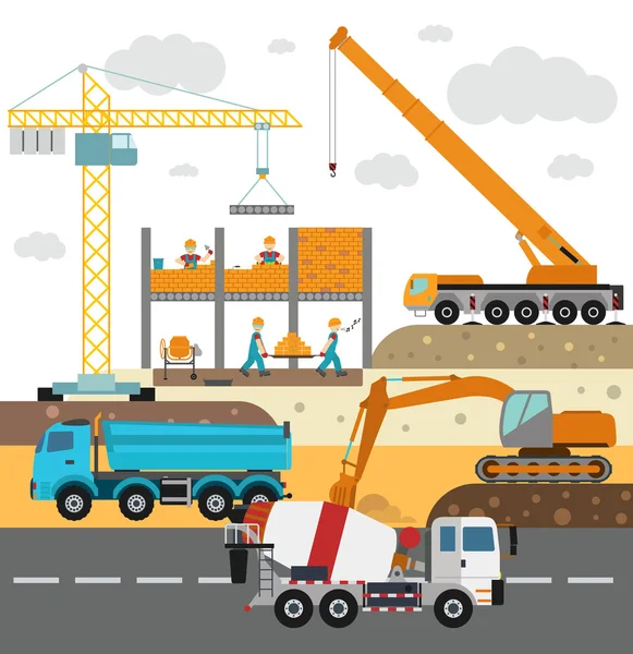 Building under construction, workers and construction technics vector illustration — Stok Vektör