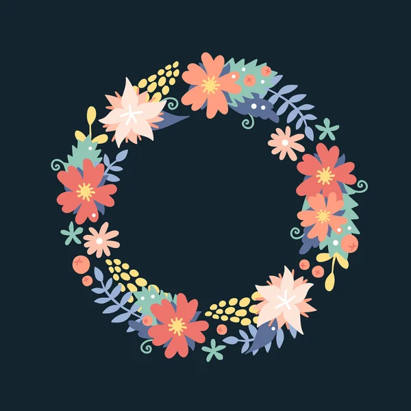 Couronne de fleurs naturelles avec fleurs, rubans de feuillage — Image vectorielle