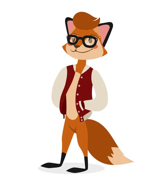 Fox boy hipster dengan gambar vektor gelas ilustrasi pada latar belakang putih - Stok Vektor