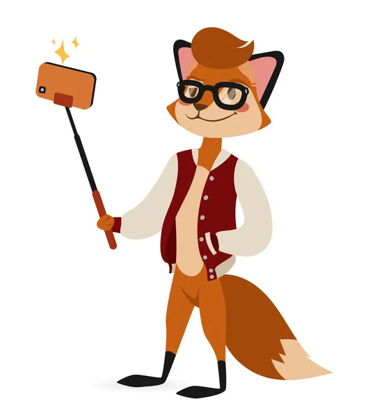 Selfie foto fox boy hipster con occhiali vettoriale ritratto illustrazione su sfondo bianco — Vettoriale Stock