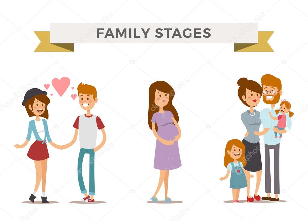 Small girl, adult boy and girl couple, pregnant women in love, modern family families