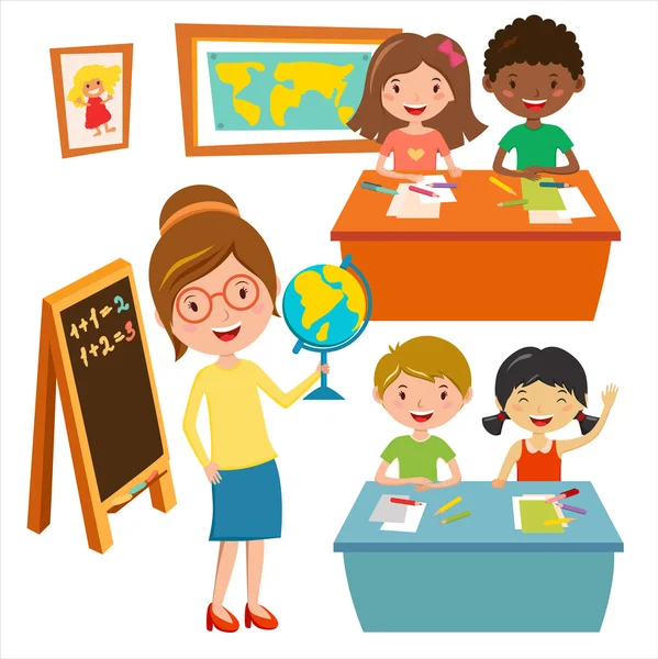 Little cartoon kids in the classroom at the lesson — Stock 