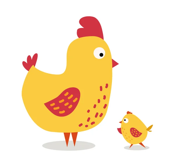 Linda madre de pollo de dibujos animados y chuk niño vector ilustración — Vector de stock