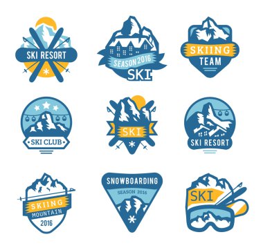 Ski resort logo emblems, labels badges vector elements
