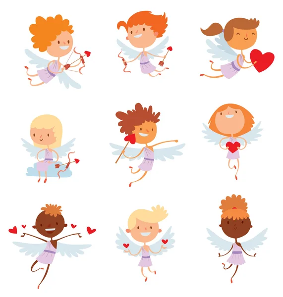 Dia dos Namorados anjos cupido desenho animado estilo ilustração vetorial. Amur miúdo brincando —  Vetores de Stock