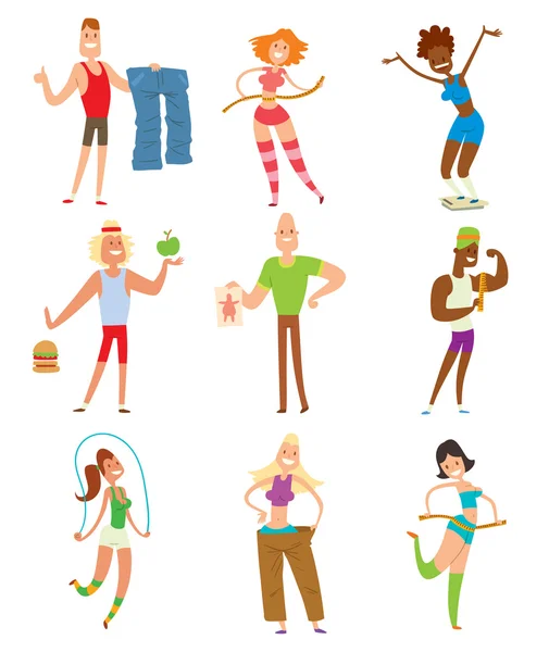 Bellezza fitness persone perdita di peso vettoriale cartone animato illustrazione — Vettoriale Stock