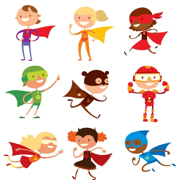 Superhéroe niños niños y niñas dibujos animados vector illustrationt — Vector de stock