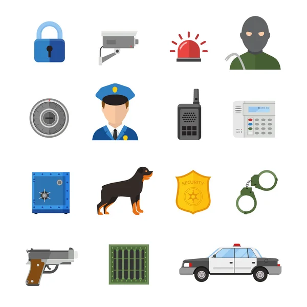 Polizei, Wache, Sicherheitsleute flache Symbole auf weißem Hintergrund — Stockvektor