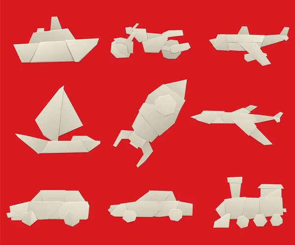 Ilustración vectorial de vehículos de papel de origami simples e iconos de transporte — Vector de stock