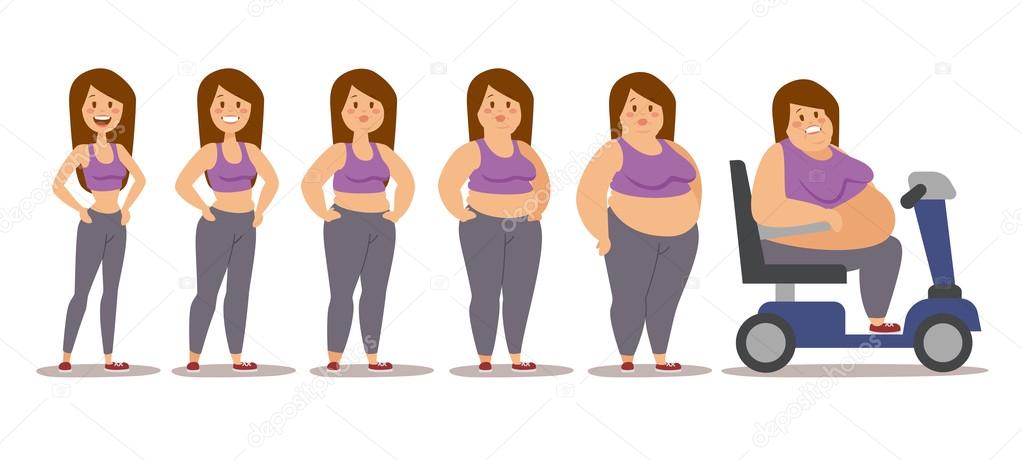Fat man cartoon style different stages vector illustration. Obesity process