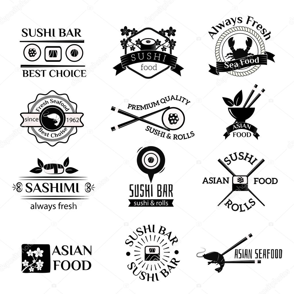 Sushi logo icons vector set. Sushi black silhouette logo sign design elements. Sushi logos, badges, label icons vector isolated on white. Sushi logotype isolated on white. Sudhi asia food icons