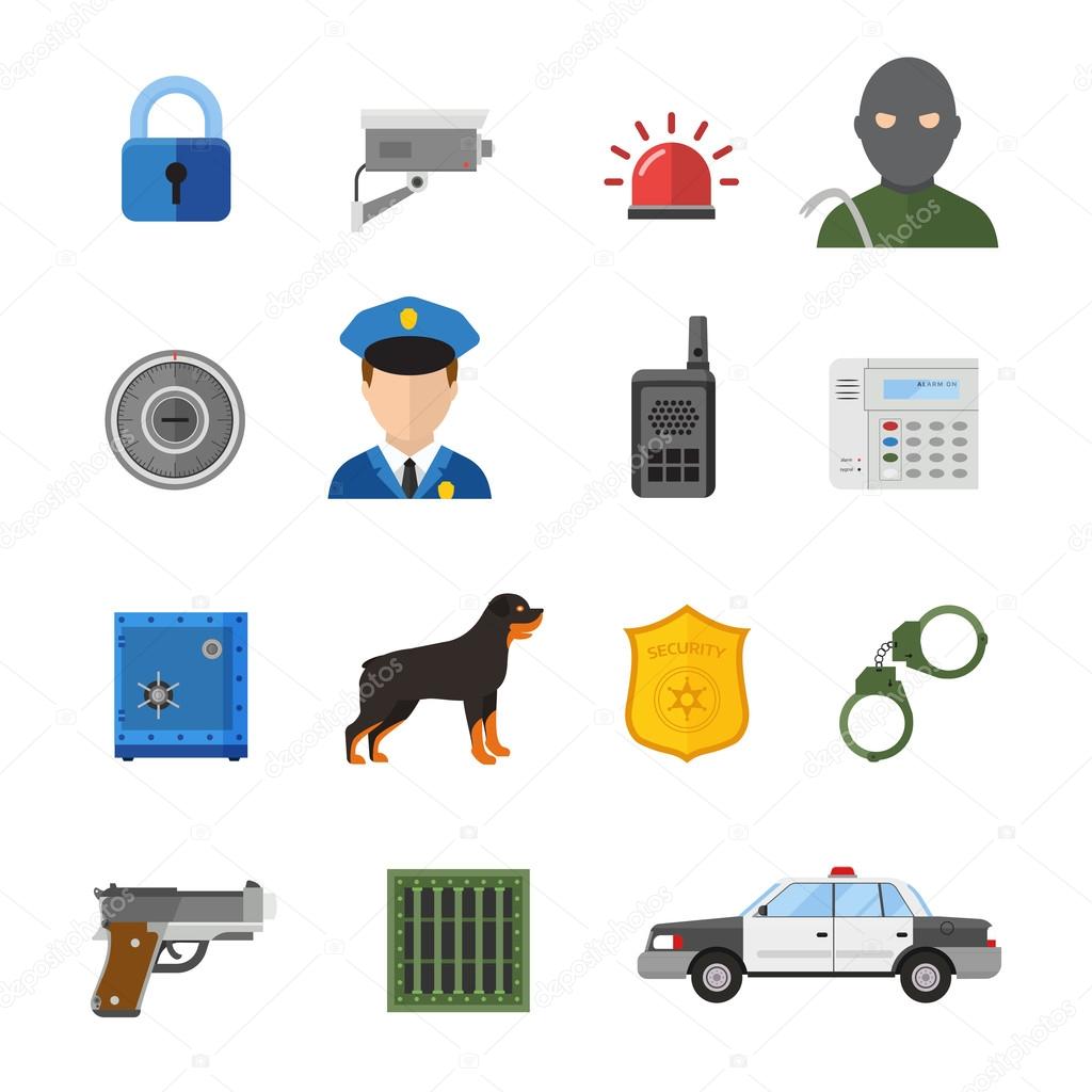 Police, guard, security people flat icons isolated on white background