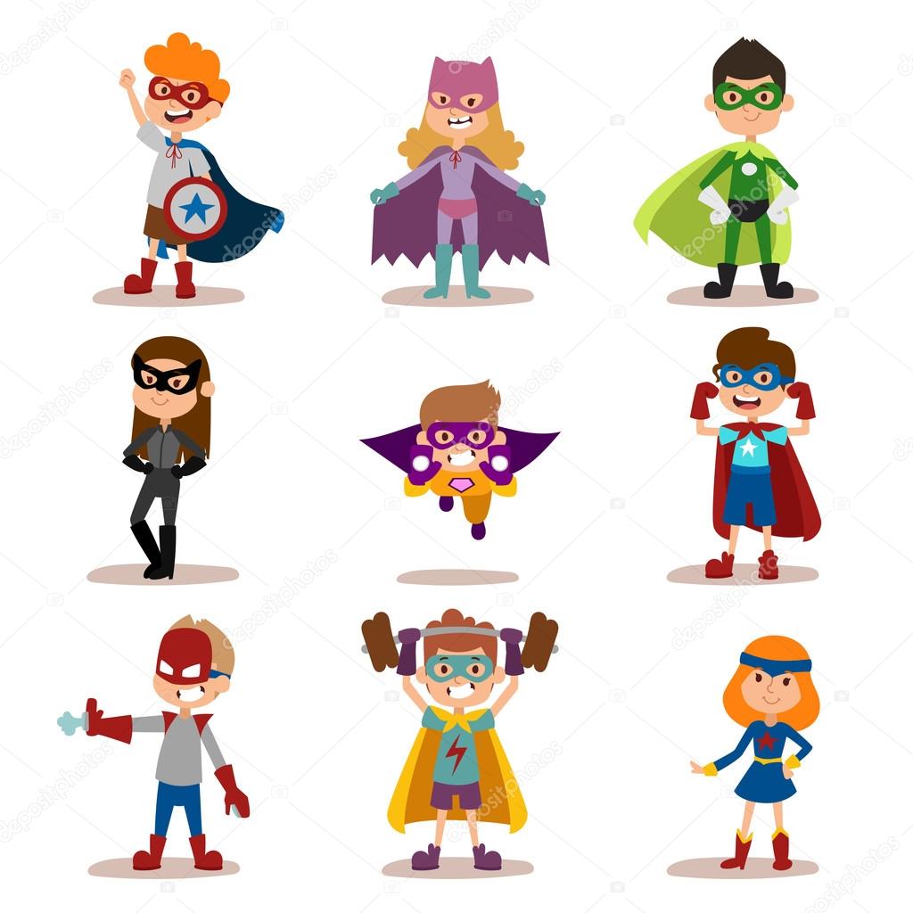 Superhero kids boys and girls cartoon vector illustrationt