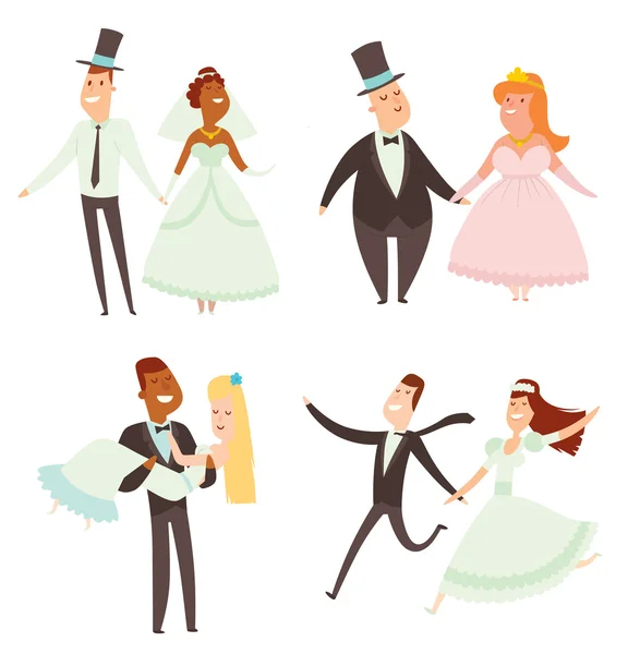 Esküvői párok rajzfilm stílusú vektoros illusztráció — Stock Vector