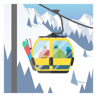 Snowboard Kayak gondol ve Asansör asansörlerde oturuyor. Kış spor resort arka plan