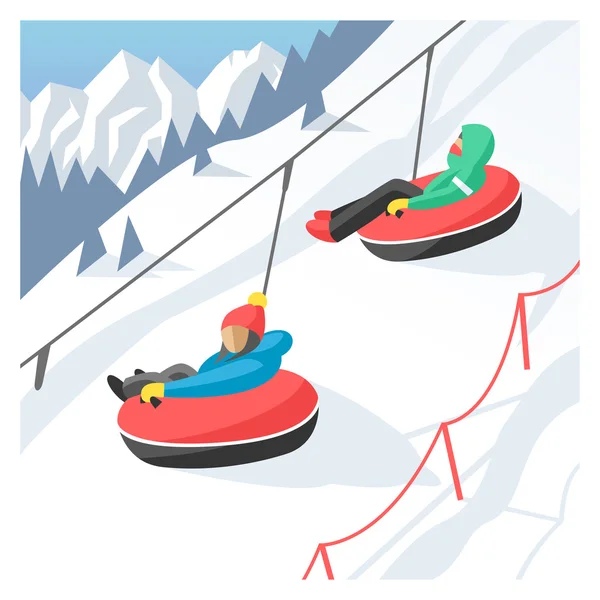 Snowboarder sitting in ski gondola and lift elevators. Winter sport resort background — Stock Vector