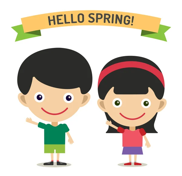 Hello Summer cartoon boy and girl with hands up vector illustration — Stock Vector