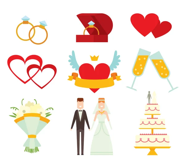 Matrimonio coppia e icone stile cartone animato vettoriale illustrazione — Vettoriale Stock