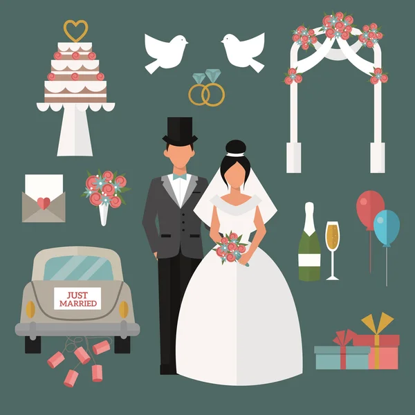 新婚夫妇和图标卡通风格矢量图 — 图库矢量图片