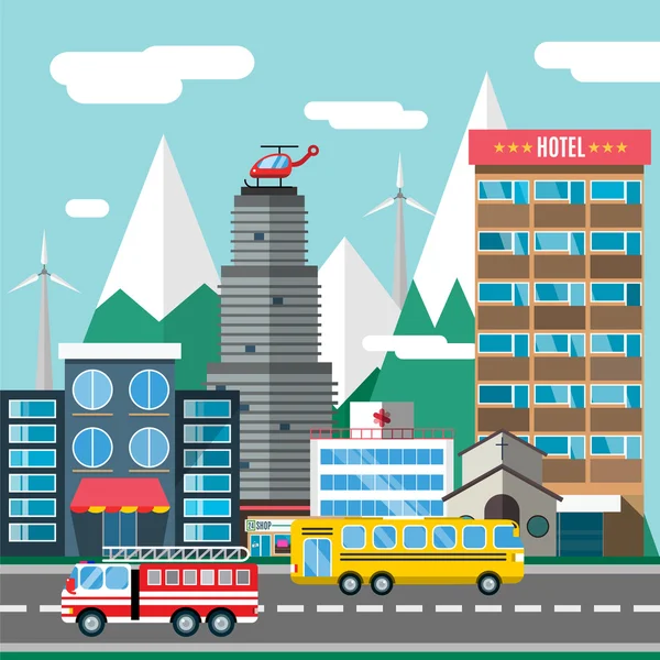 Budynki i miasta transportu płaskie styl ilustracji — Zdjęcie stockowe