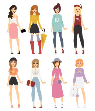 Beautiful vector cartoon fashion girl models look standing over white background