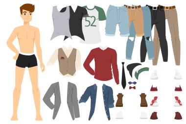 Beautiful vector cartoon fashion boy model constructor  look standing over white background