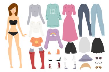 Beautiful vector cartoon fashion girl model constructor  look standing over white background