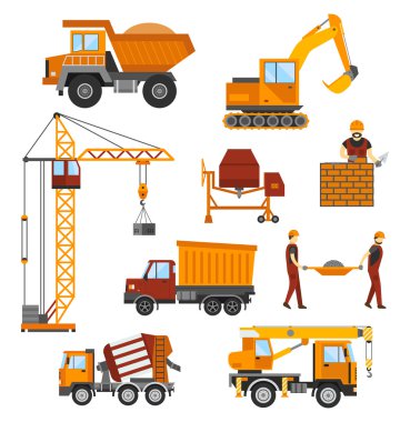 Building under construction, workers and construction technic vector illustration