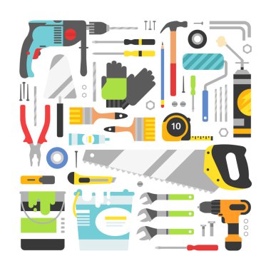 Construction equipment tools flat icons set