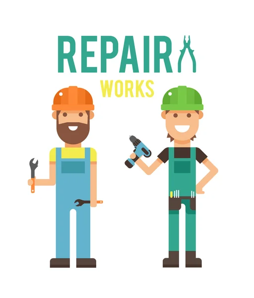 Cartoon workers couple and tools under construction vector illustration — ストックベクタ