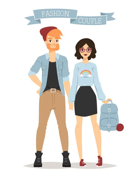 Beautiful vector cartoon couple fashion clothes models look standing over white background — Stock Vector