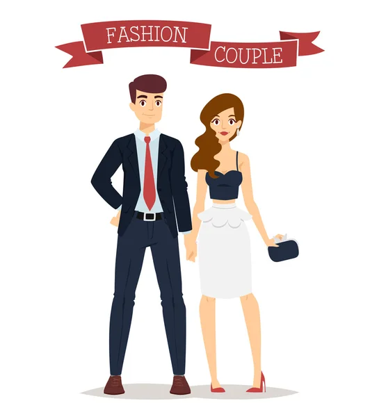 Beautiful vector cartoon couple fashion clothes models look standing over white background — Stock Vector
