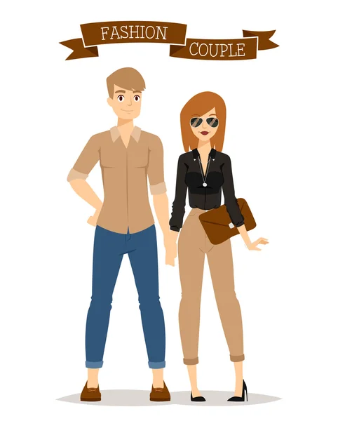 Beautiful vector cartoon couple fashion clothes models look standing over white background — Stock Vector