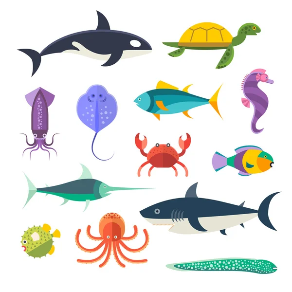 Conjunto vectorial de peces y animales marinos marinos — Vector de stock