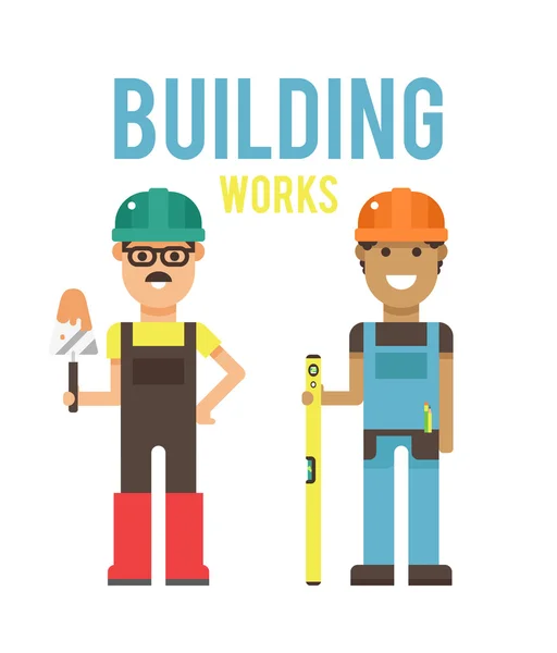 Cartoon workers couple and tools under construction vector illustration — Stockový vektor