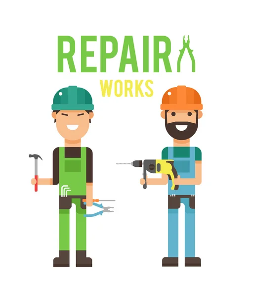 Cartoon workers couple and tools under construction vector illustration — ストックベクタ