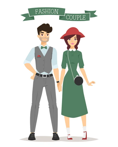 Beau vecteur dessin animé couple modèles de vêtements de mode regarder debout sur fond blanc — Image vectorielle