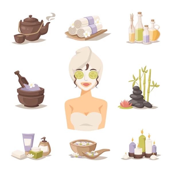 Spa beauté soins du corps vecteur icônes et femme en masque — Image vectorielle