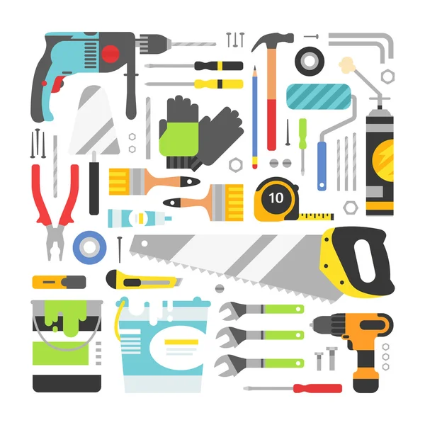 Echipament de constructii unelte set icoane plate — Vector de stoc