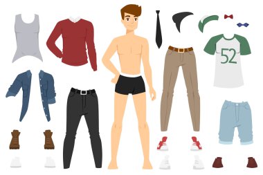 Beautiful vector cartoon fashion boy model constructor  look standing over white background