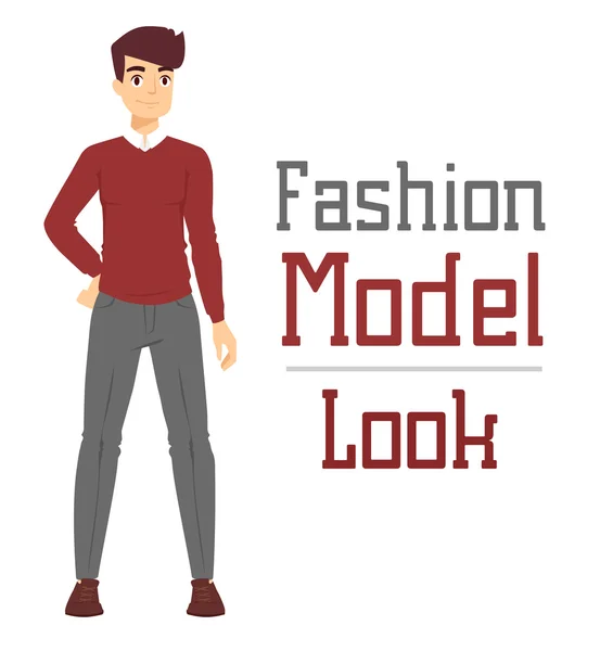 Beautiful vector cartoon fashion boy model constructor  look standing over white background — ストックベクタ